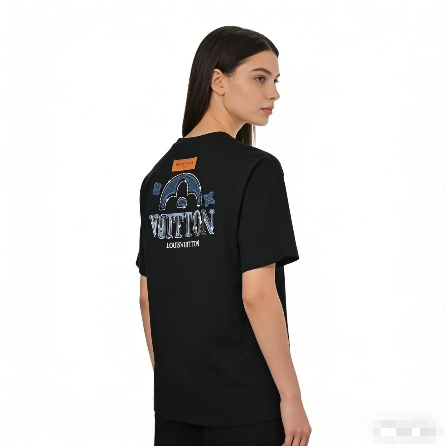 Louis Vuitton/Louis Vuitton 26ss denim patch presbyopic letter embroidered short sleeves